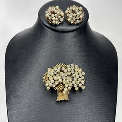 Vtg Francois Coro Rhinestone Pearl Tree Demi Parure Brooch Screw Back Earrings