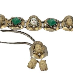 Vintage Sculpted Face Pendant Necklace & Green Stone Bracelet Set