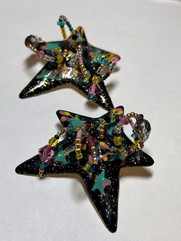 Lunch t The Ritz Pin Back Earrings With Strands Of Beads Atop Glittering Enamel