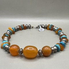 Necklace Sterling Silver Turquoise Baltic Amber Beaded Chunky