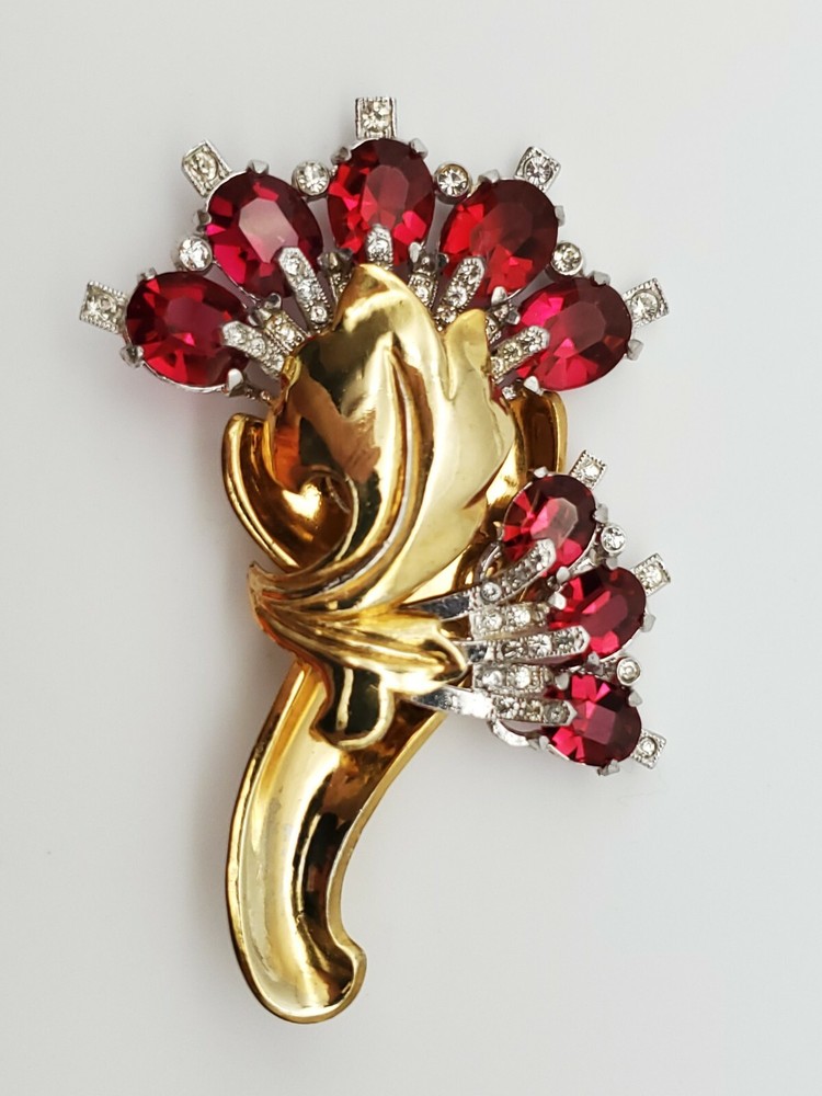 DESIGNER SIGNED/MARKED BARCLAY ART DECO FAUX RUBY/DIAMOND RHINESTONE PIN BROOCH!