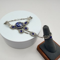 Vintage Silver Tone Slave Bracelet Ring Set Blue Cabochon Stone Boho Filigree