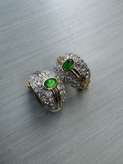 Vintage 80s 90s Gold-Tone Green and Rhinestone Hoop Clip Earrings