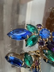 Vtg D&E Delizza Elster Juliana Brooch Earrings Peacock Blue Green Rhinestone