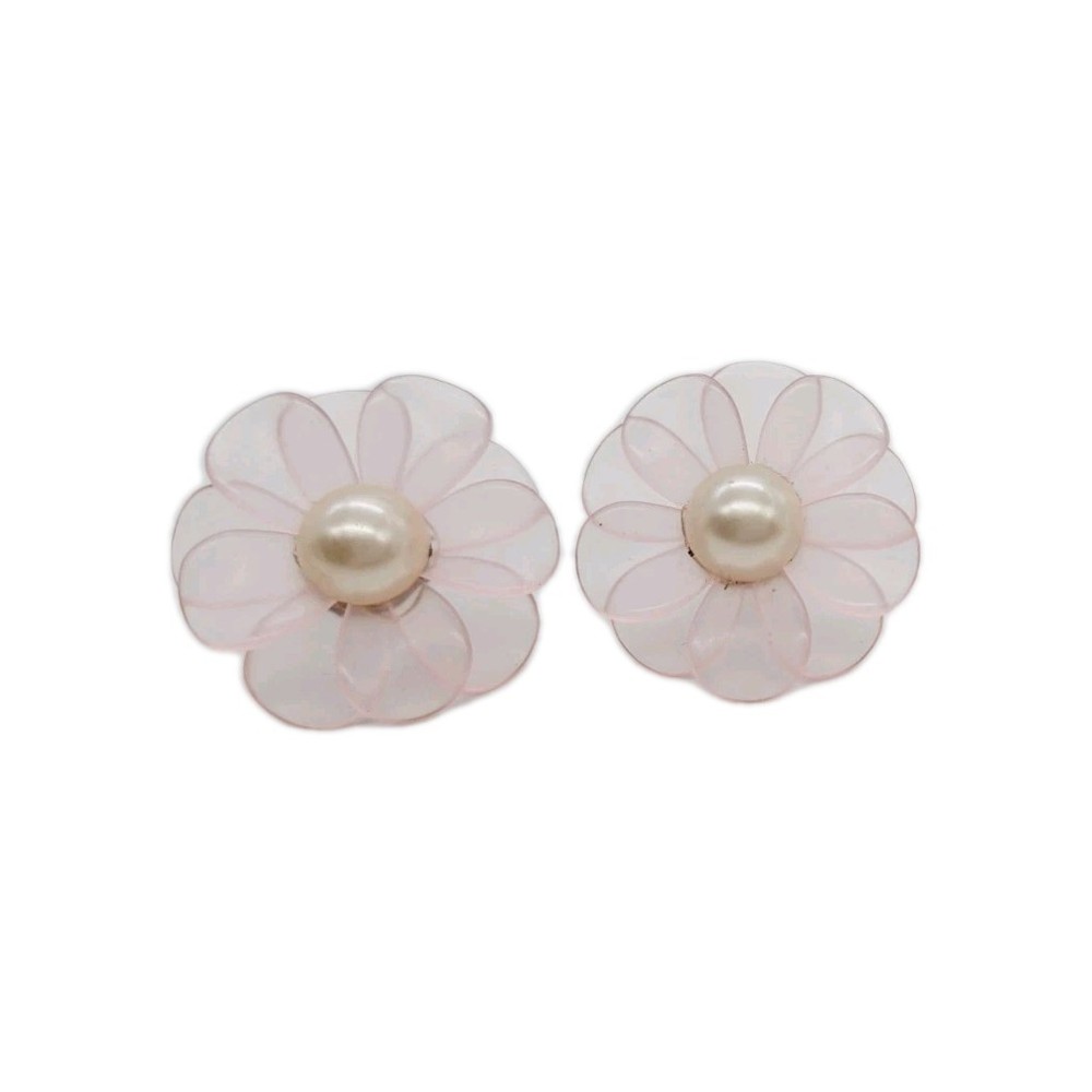 Pink Flower Earrings Pierced Faux Pearl Acrylic Silver tone Couture 1.25 in