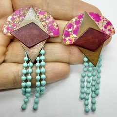 Vtg RARE 80s Post Modern Pop Art Pink Resin Blue Tassel Statement Earrings Post