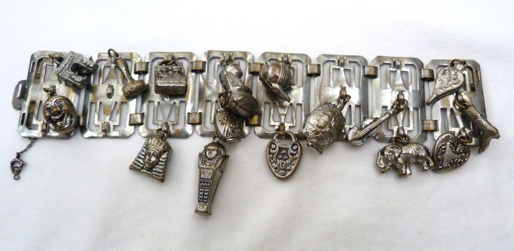 VINTAGE 1930’s MAN ON THE MOON EGYPTIAN REVIVAL ELEPHANT BUDDHA CHARMS BRACELET