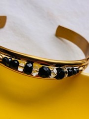 Vtg Sergio Lub CUFF BRACELET Black Onyx & Clear Beaded US Brushed Gold Tone NWOT