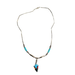 Vintage Southwestern Style Faux Colorful Arrowhead & Silver Tone Beaded Necklace