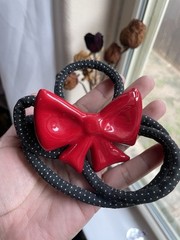 Vintage flying colors signed ceramic red bow Black Cord necklace