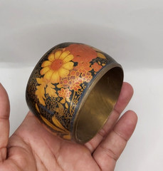 Vintage Wide Brass Floral Bangle Black Lacquer Enamel Statement Cuff Asian Style