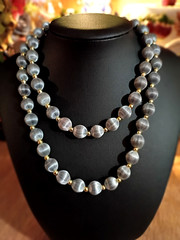 Mid-Century 2-Piece Set Grey Silk Wrapped Bead Necklace & Filigree Berry Brooch