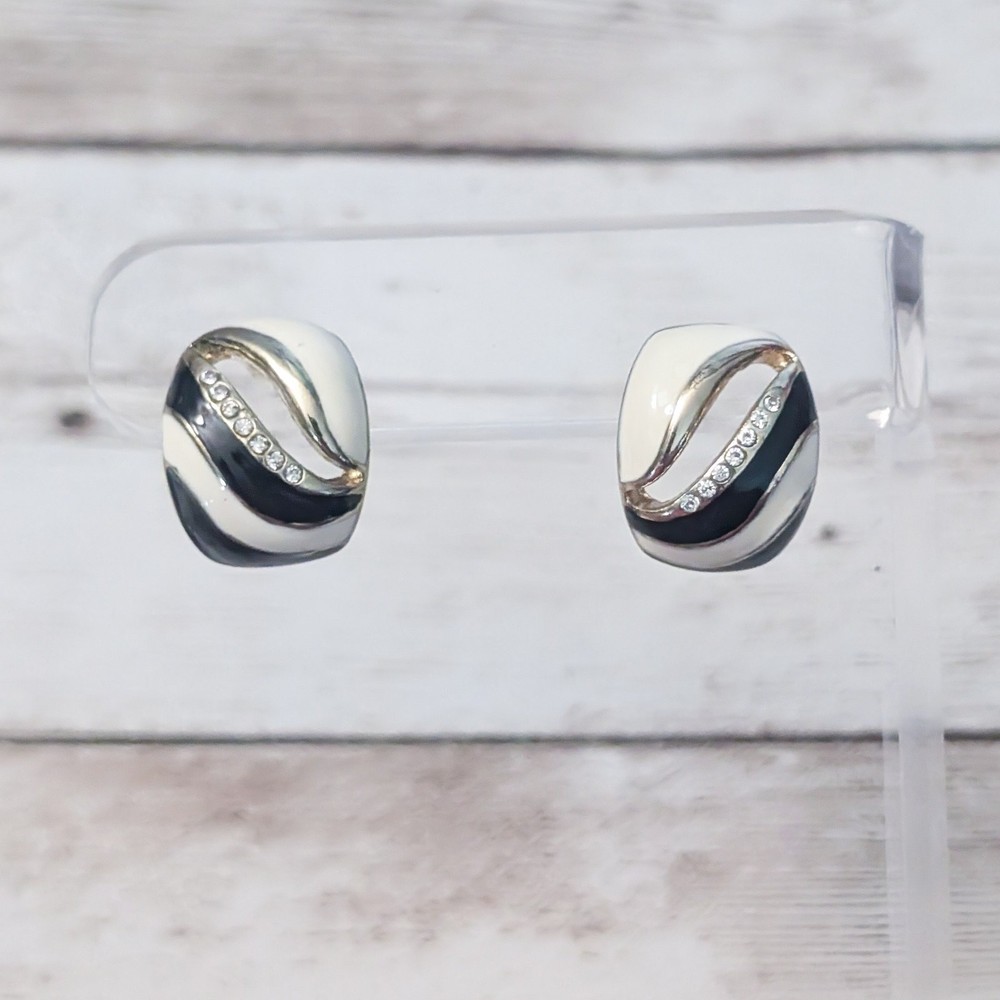 Vintage Stud Earrings For Pierced Ears Cream, Black, Clear Gem