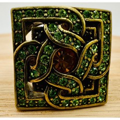 LA Vintage Green Orange Crystal Celtic Square Statement Ring Gold Tone Size 6