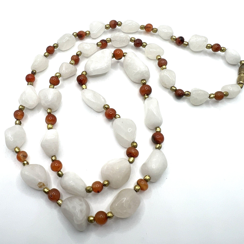 VTG White Jadeite & Carnelian Bead Necklace 29in Gemstone Nugget Strand TESTED