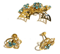 Vintage Brooch & Earrings Set Gold & Blue