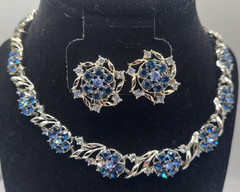 Antique Silvertone Blue Rhinestone Flowers Necklace 15.5in Clip on Earrings 1in