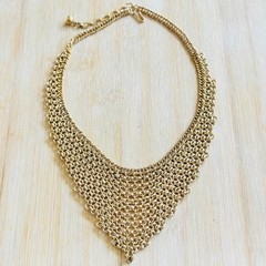 Chainmail Rolo Chain Bib Necklace VTG Statement Collar Gold Mesh Waterfall 18″