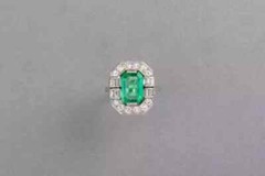 14k White Gold Finish Art Deco Style Lab Created Diamond & Emerald Wedding Ring