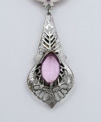 Antique Art Deco Lavalier Pendant Necklace Pink Glass Filigree Edwardian