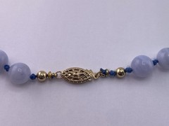Vintage Blue Lace Agate & Lapis Beaded Necklace 14K Gold Clasp 30in