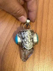 Vintage Heavy Himalayan Quartz Crystal Pendant Set In Silver & Stones 3.5”in,72g