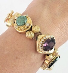 Vtg Victorian Revival Slide Charm Bracelet Signed Safety Chain Cameo 6.5