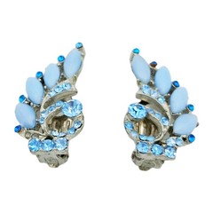 Vtg Blue Glass Rhinestone Climber Earrings Silver Tone 1.5″ Clip Back