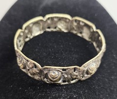 Vintage Brass Toned Metal Rose Panel Bracelet 8″ Bangle Art Nouveau Style