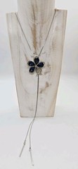 Blue Crystal Flower Necklace Bolo Tie Silver tone snake Chain 36 in STUNNING
