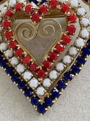 Vintage Patriotic USA Triple Heart Brooch Red White Blue Rhinestones Pin