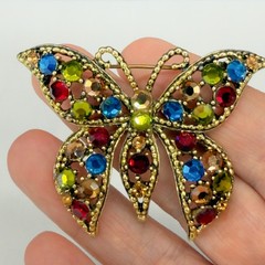 Vintage Weiss Butterfly Brooch Red Green Blue Gold Tone Signed 2.5 Inches