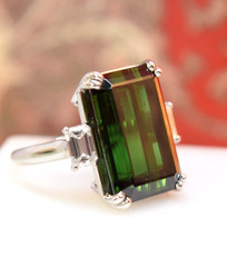 Rare Platinum 17.48 tcw Emerald Cut Green Tourmaline Diamond 3 Stone Ring sz 6