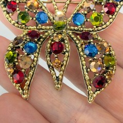 Vintage Weiss Butterfly Brooch Red Green Blue Gold Tone Signed 2.5 Inches