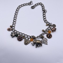 Vtg Elephant Bronze Tone Lion Charm Chunky Link Safari Statement Necklace 22″