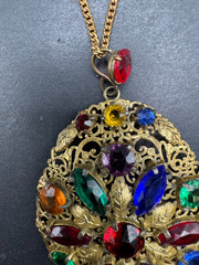 Art Deco Fruit Salad Color Czech Art Glass Filigree Pendant/Necklace