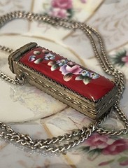 Vintage Russian Finfit Hand Painted Enamel Pillbox Locket & Earring Set