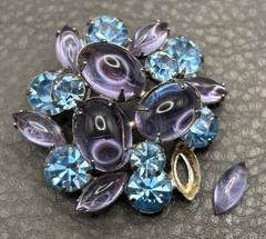 Vintage DOME Vintage Lavender Resin CABOCHONS AQUA BLUE Rhinestone BROOCH READ