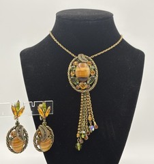 W Germany Brown Porphyry Slag Art Glass And Rhinestone Necklace & Earrings Set