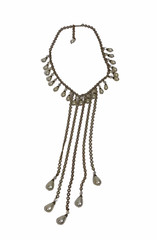 Vintage Art Deco Brass Glass Dangler Faux Pearl Statement Necklace