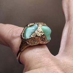 Vintage Brutalist Cocktail Ring 60s-70s Huge Faux Jade Poured Art Glass Adjusts