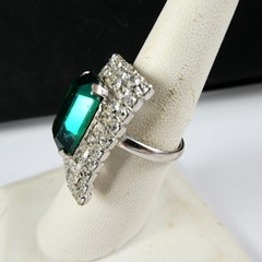 Vintage Rhinestone Ring Emerald Green Color Stone Square Shape Adjustable
