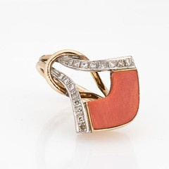 Vintage 70s Coral Diamond Ring Abstract 14k Yellow Gold Sz 4.75 Estate Jewelry