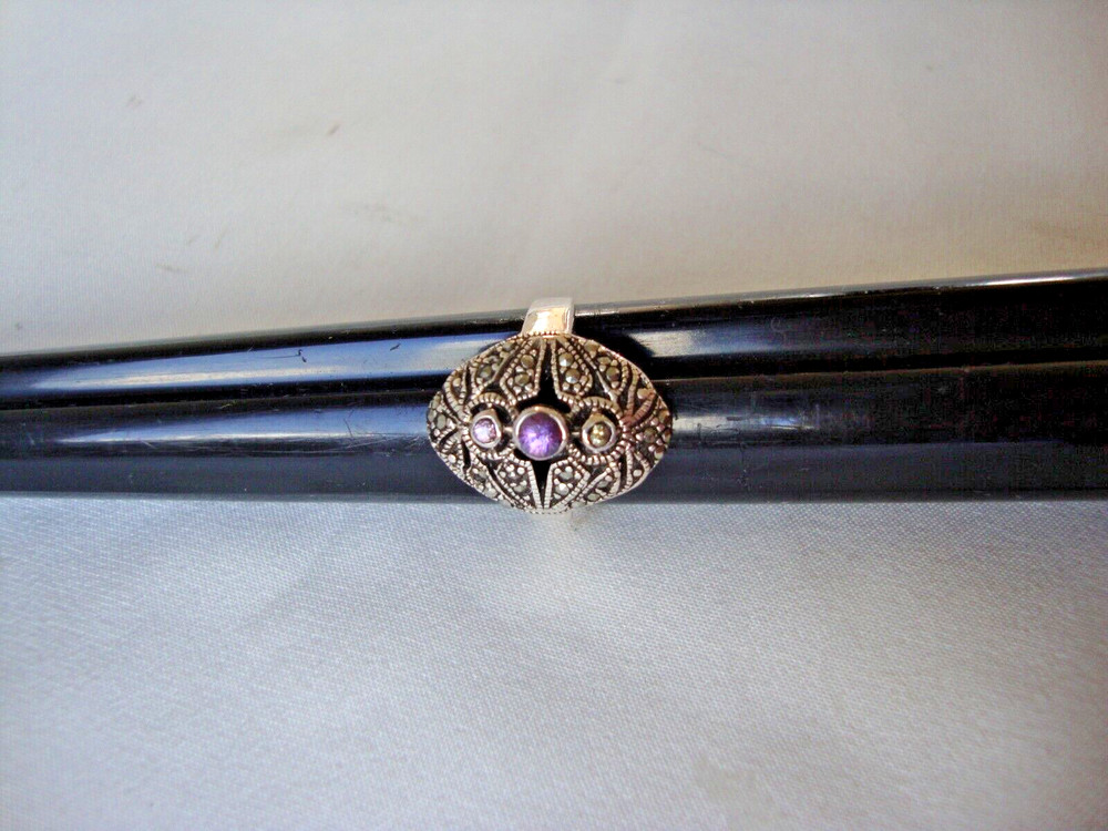VTG PINK TOPAZ AMETHYST CITRINE W/ MARCASITE RING STERLING SILVER 925 SZ 6.5