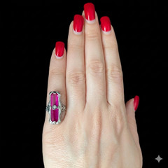 1920s Art Deco Diamond Lab Created Ruby 14 White Gold Cocktail Ring Antique