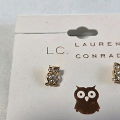 LC Lauren Conrad Owl Stud Earrings Gold Tone White Rhinestone Nickel Free