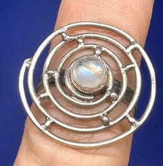 X04 Big Spiral Rainbow Moonstone 1” Crown – 925 Silver Ring Size 5.75 Vintage