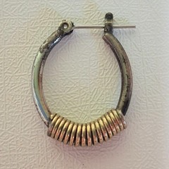 Two Tone Silver Gold Hoop Earrings Wrapped Wire Coil Hinged Saddleback Vintage