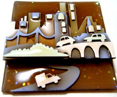 Rare Vtg House Pins By Lucinda New York City Cityscape bridges done in 2 level