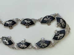 Vintage SIAM Sterling Silver Black Enamel Niello Dancer on Hand Fans Necklace